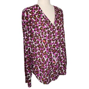 Worthington Multi Maxine Bright Leopard Print Notch Lapel Button Front Blouse S
